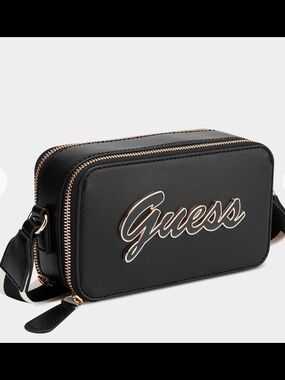 GUESS Black Crossbody Camera Bag with Rose Gold Hardware